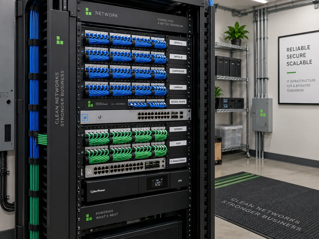 Organized network rack with labeled patch cables
