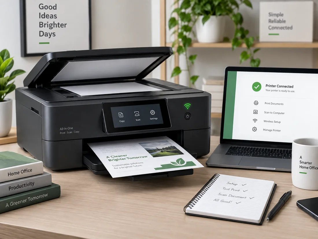 Wireless printer beside a laptop