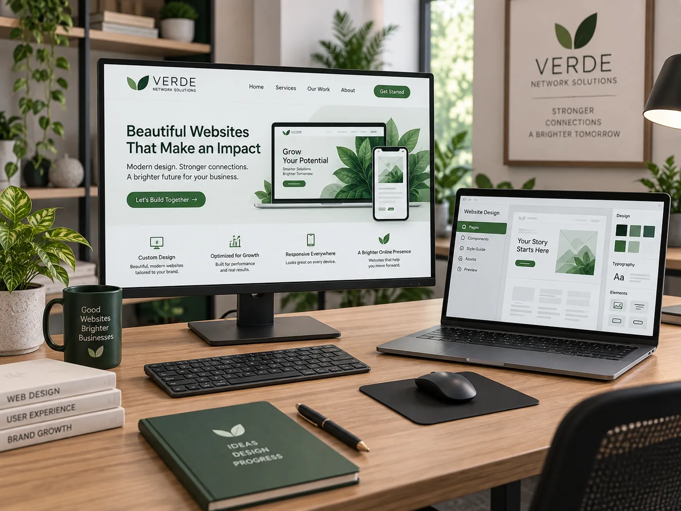 Website creation workspace with a desktop monitor and laptop showing responsive business website design